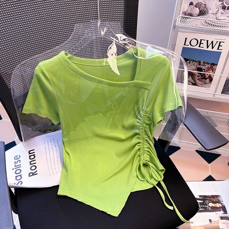 Áo Thun Tay Ngắn Phối Dây Rút Thiết Kế Lệch Tà Thời Trang Mùa Hè Cho Nữ