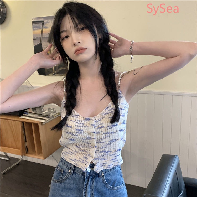 Áo Dệt Kim Hai Dây Ôm Dáng Đính Ngọc Trai Phong Cách Hàn Quốc