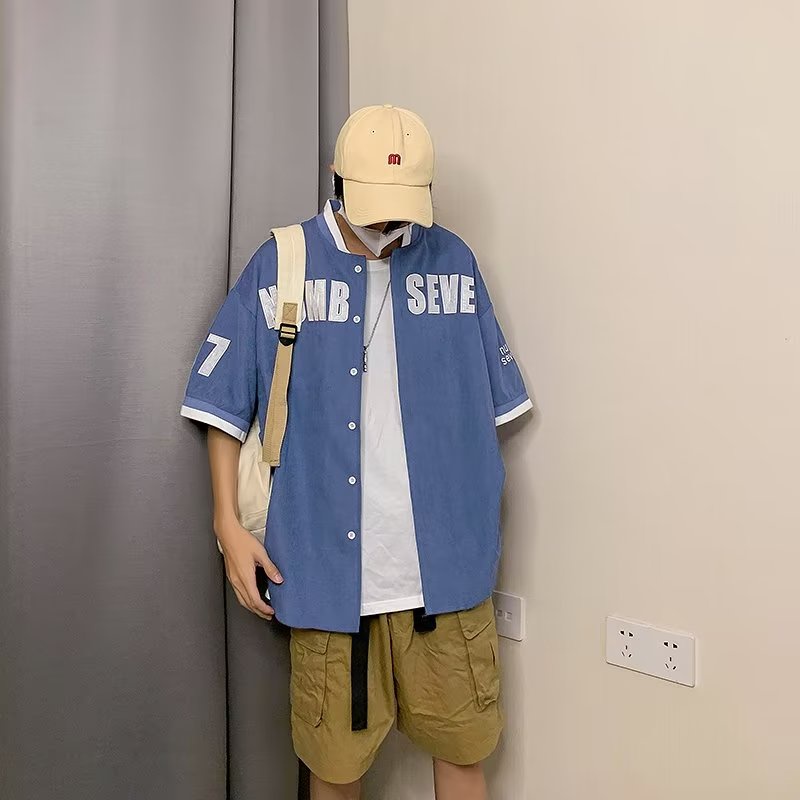 Áo Khoác Bóng Chày Ngắn Tay Dáng Rộng In Chữ Phong Cách Retro Hàn Quốc Giản Dị Dành Cho Nam