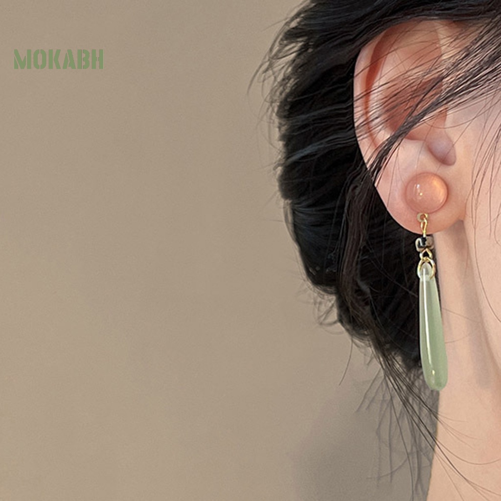 1 Đôi Bông Tai Xỏ Hạt Ngọc Bích Giả Phong Cách Trung Hoa