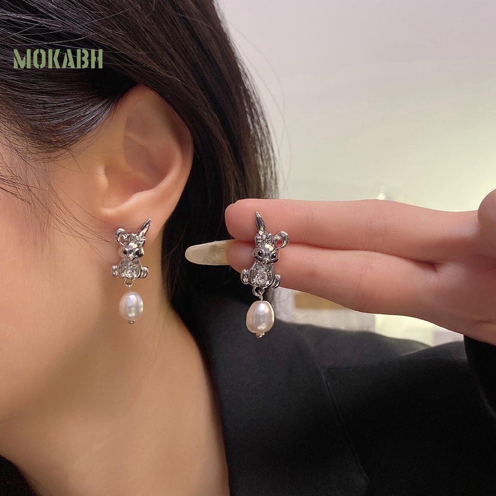1 Đôi Bông Tai Hình Thỏ Đính Ngọc Trai Giả Bằng Kim Loại Không Gây Dị Ứng Thời Trang