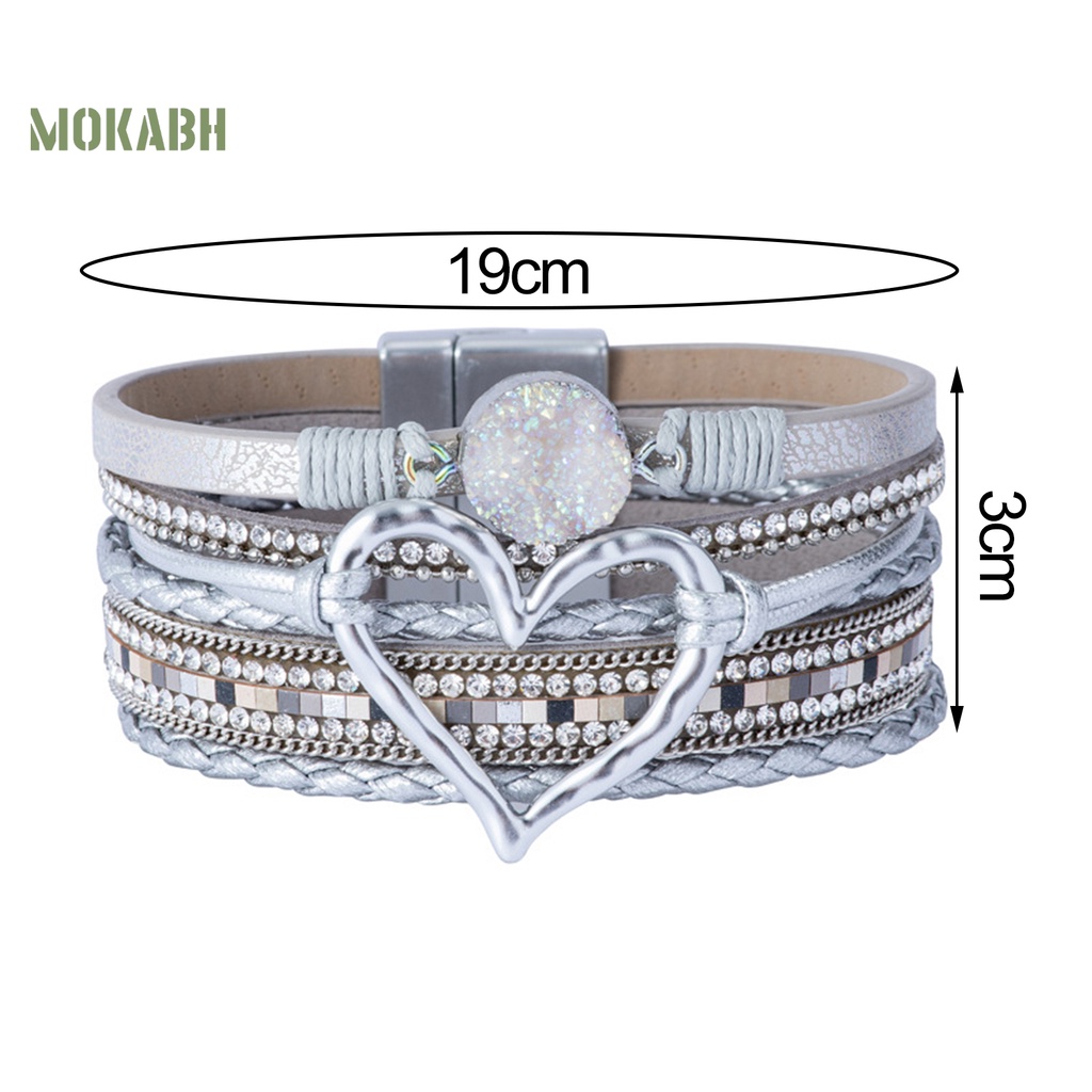 Vòng Tay Giả Da Nhiều Lớp Đính Đá Hình Trái Tim Phong Cách Bohemian Dành Cho Nữ