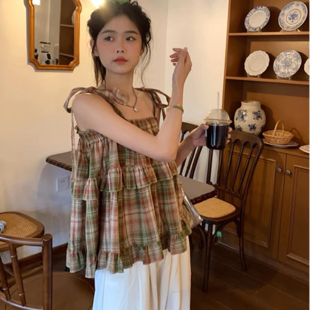 Áo 2 dây babydoll thắt nơ PINKSTORE kiểu bèo tầng, họa tiết caro xinh xắn A5741