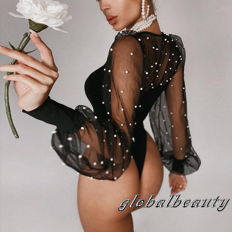 Bộ Áo Liền Quần Tay Dài Cổ Tròn Phối Lưới Màu Sắc Trơn Eo Cao Thời Trang Cho Nữ