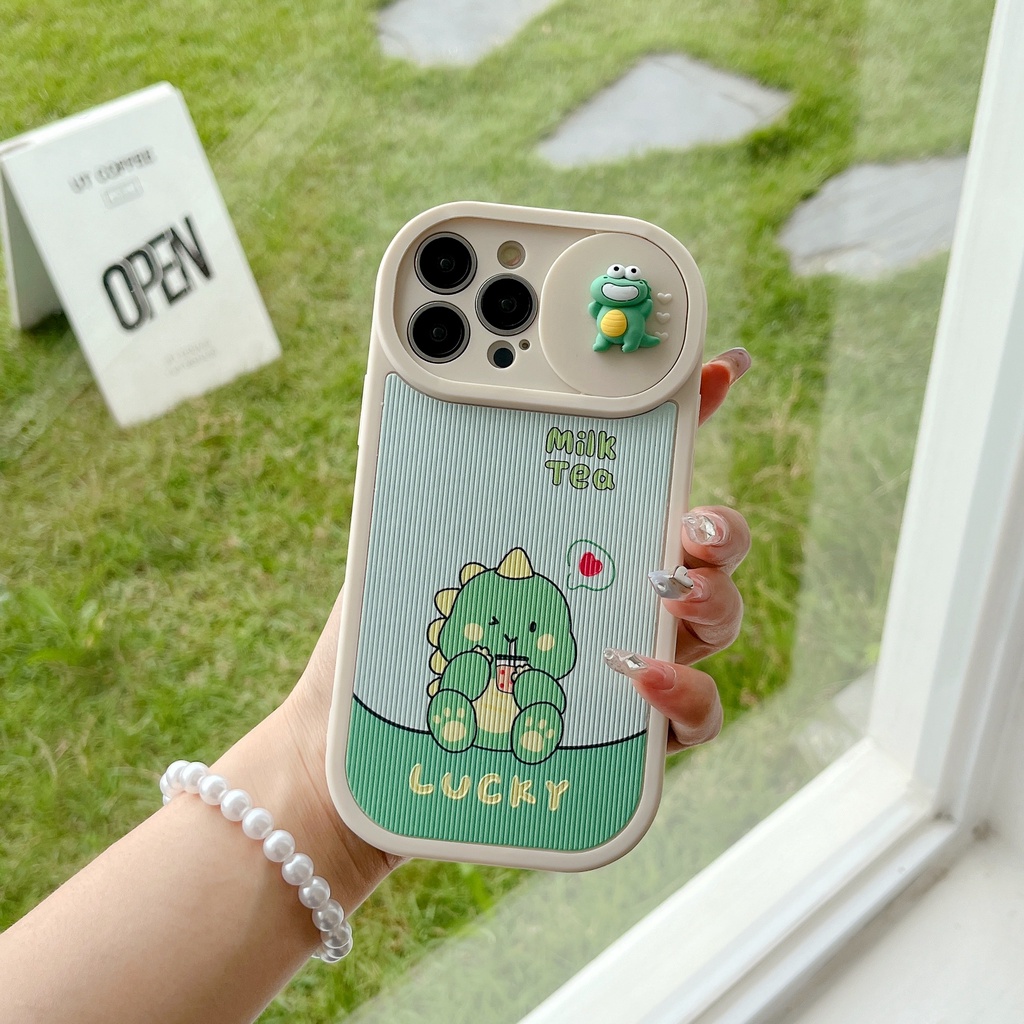 Ốp Điện Thoại Silicon TPU Mềm Hình Khủng Long Hoạt Hình 3D Có Nắp Trượt Bảo Vệ Camera Cho iPhone 13 12 11 Pro Max 14 Plus