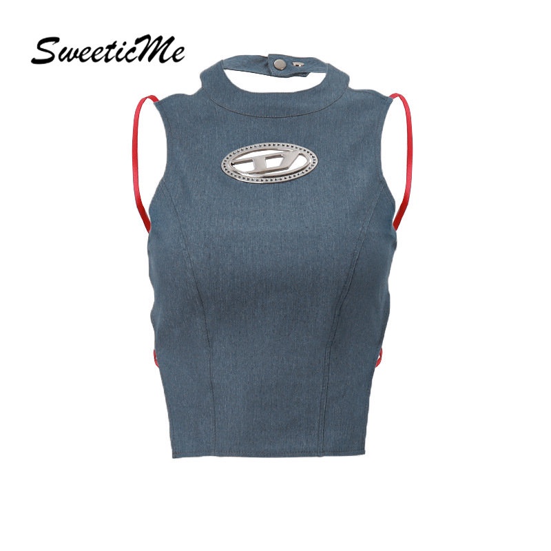 Áo Denim Hai Dây Cổ Tròn Hở Lưng Dáng Ôm Thời Trang 2023 Cho Bạn Gái