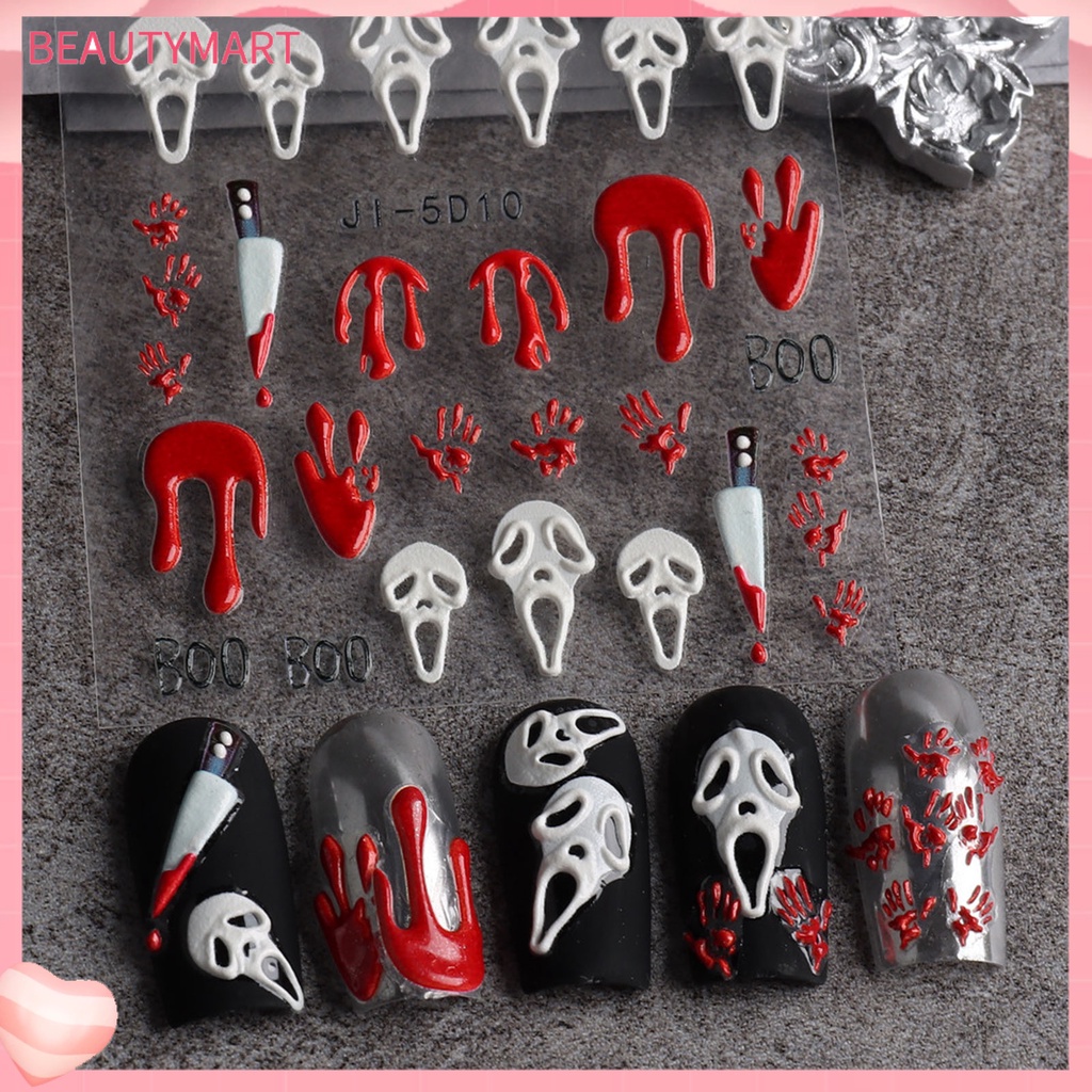 [beautymart] Nhãn Dán Móng Tay Bằng Resin Tự Dính Không Phai Màu Chống Nước Họa Tiết Kinh Dị Đầu Lâu