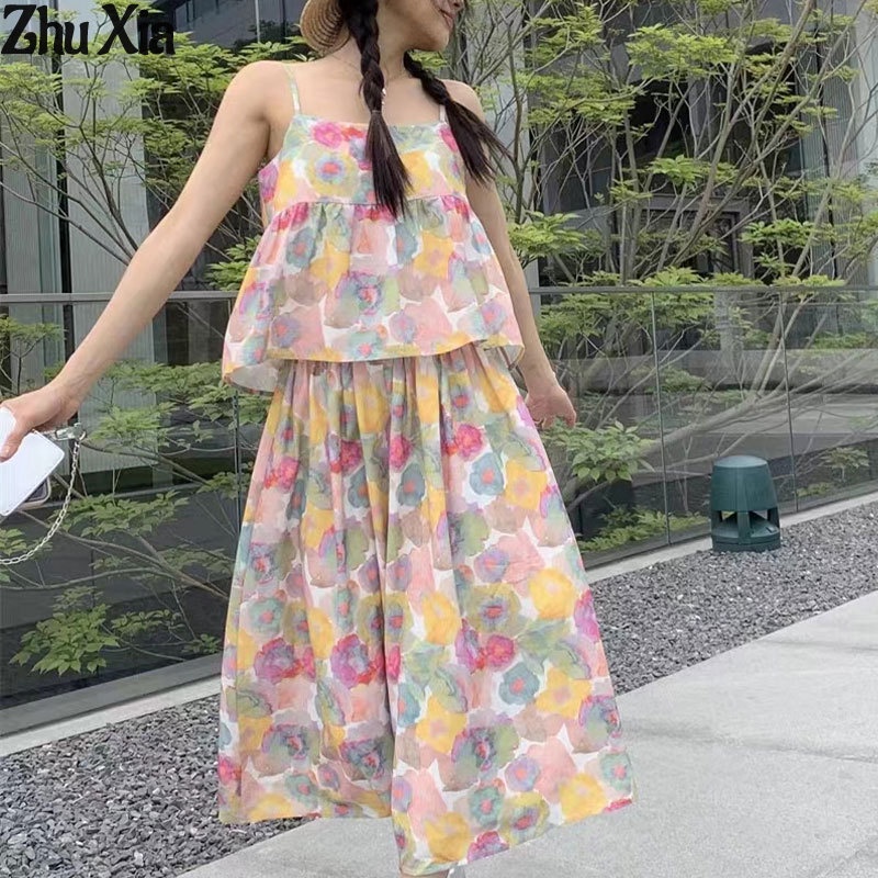 ZhuXia Set Áo Hai Dây + Chân Váy Lưng Cao Họa Tiết Tranh Sơn Dầu Thời Trang Mùa Hè Xinh Xắn Cho Nữ