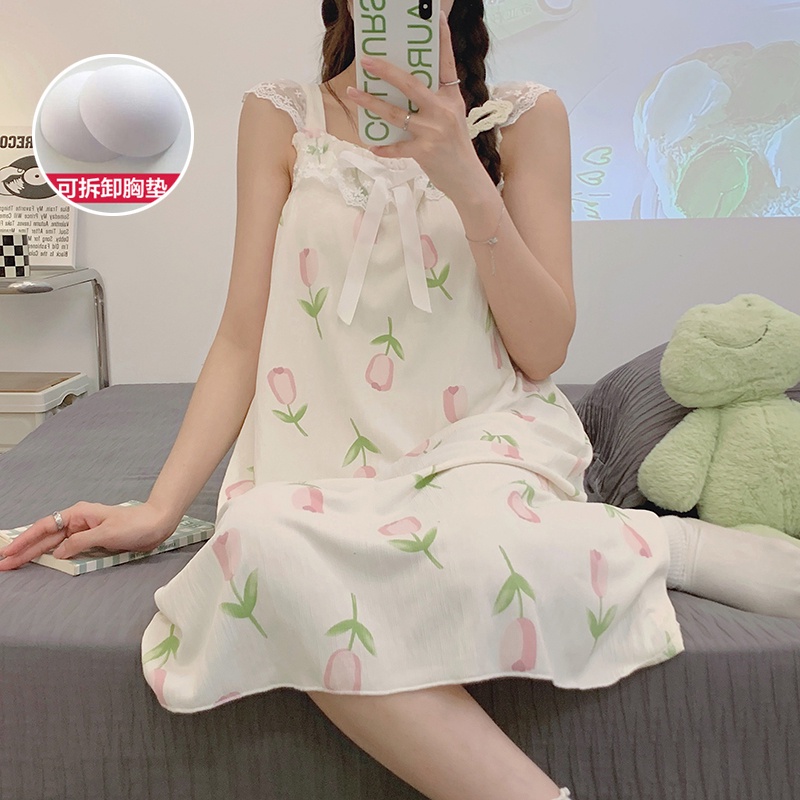 Đầm Ngủ Cotton Dệt Kim Phối Ren Có Đệm Ngực Phong Cách Công Chúa Ngọt Ngào Thời Trang Mùa Hè Kiểu Mới Dành Cho Nữ