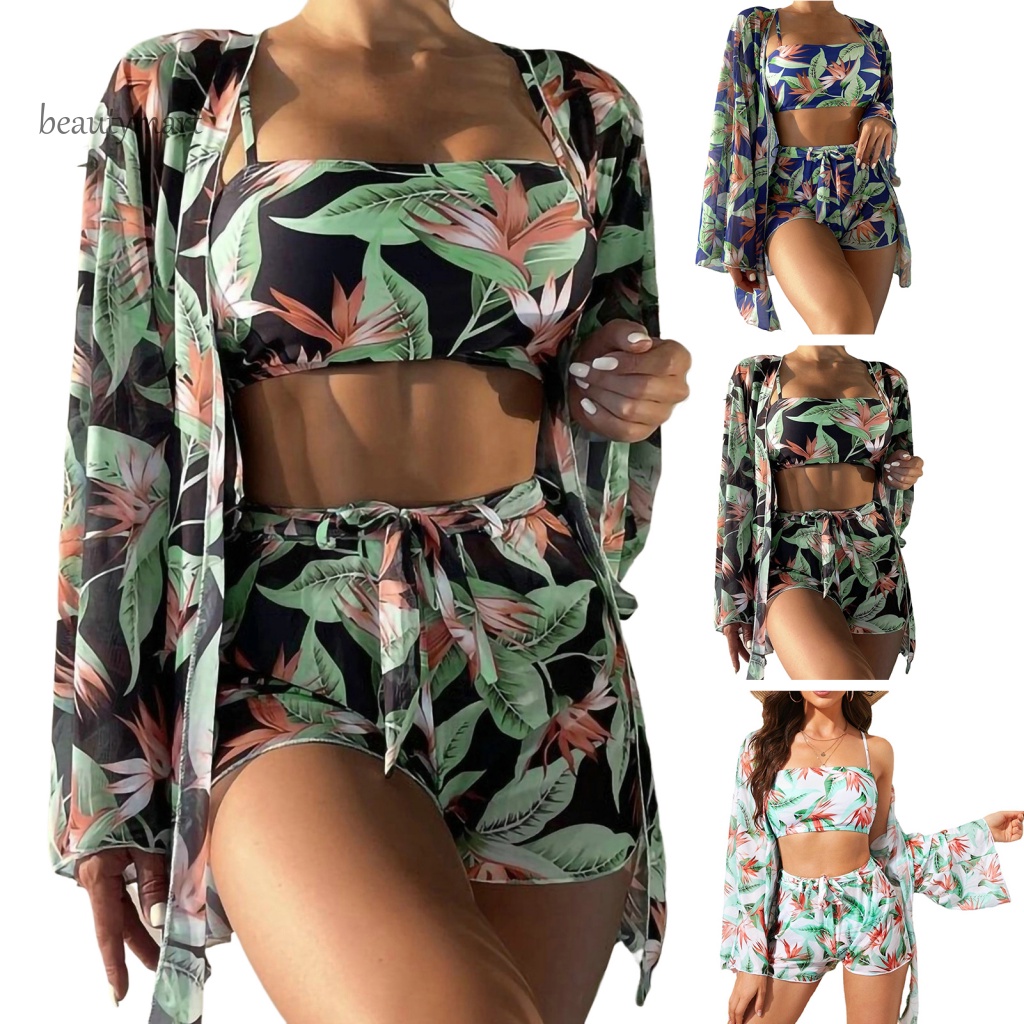 Bộ Đồ Bơi 3 Mảnh Gồm Áo Cardigan Dây Đeo + Quần Short Lưng Cao + Áo Ngực In Họa Tiết Hoa Lá Tùy Chỉnh Thời Trang Đi Biển Cho Nữ