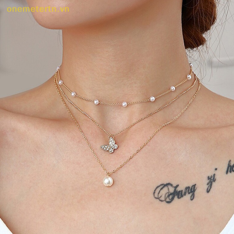Vòng Cổ Choker Nhiều Lớp Mặt Hình Bướm Và Ngọc Trai Thanh Lịch Cho Nữ