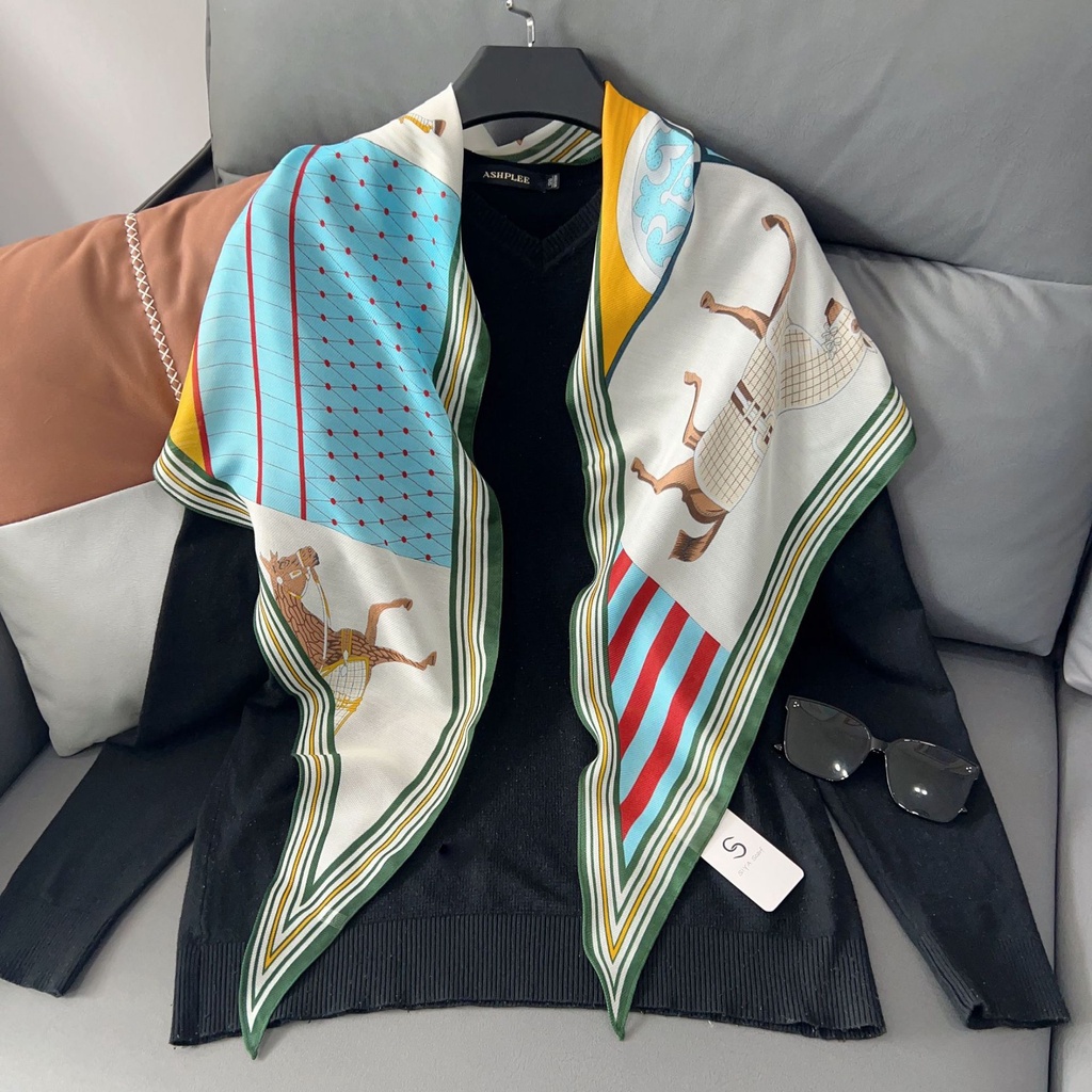 Khăn Choàng Cổ Nhỏ 180 * 38cm Bằng Lụa Đính Kim Cương Giả Màu Cam Họa Tiết Hình Học