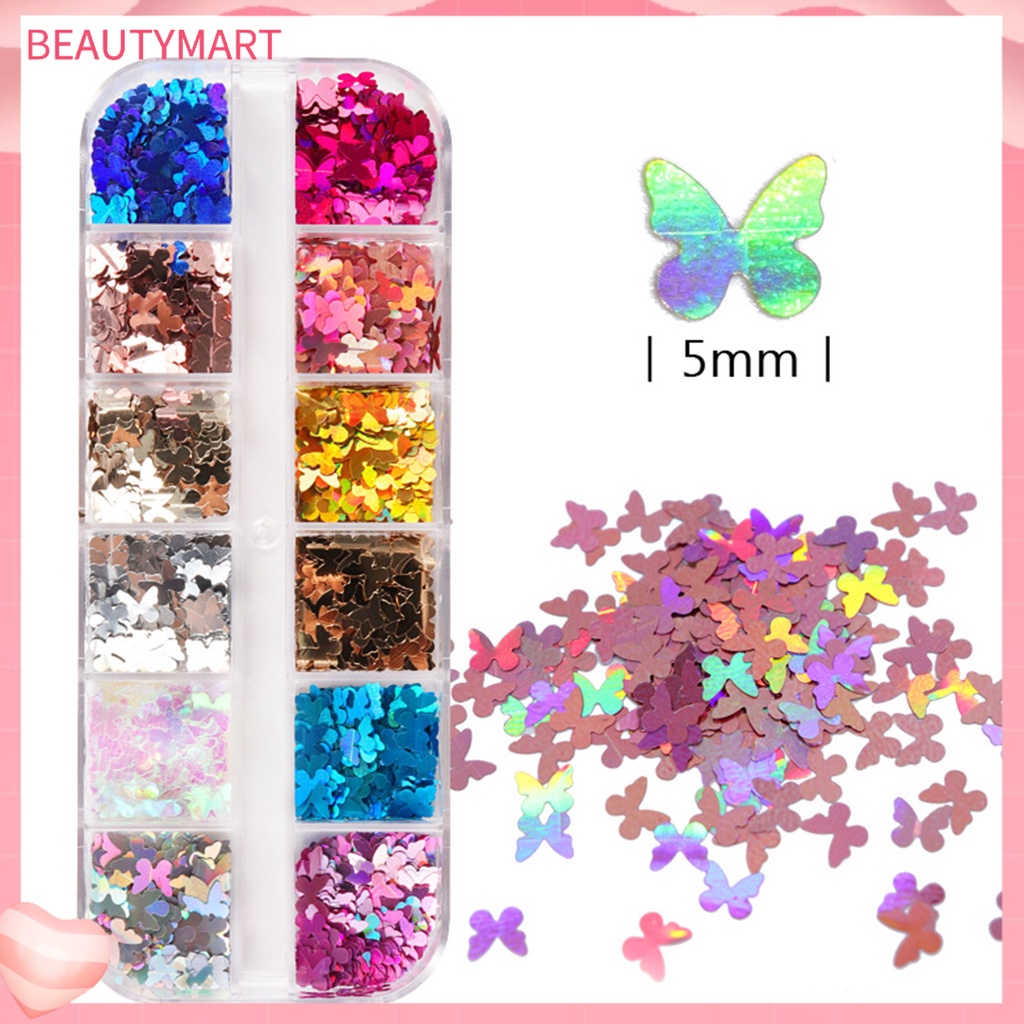 Hộp 12 Ngăn Đựng Hạt Kim Sa Hình Bướm Trang Trí Móng Tay DIY