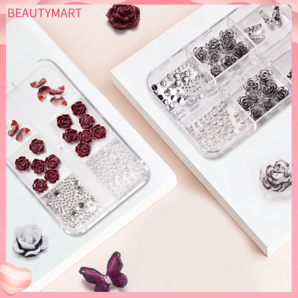 1 Hộp Phụ Kiện Trang Trí Móng Tay Hình Hoa Hồng Và Bướm 3D Bằng Nhựa Resin DIY