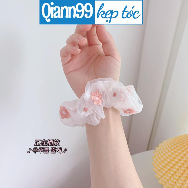 Dây Buộc Tóc Lưới Thêu Hoa Cúc Nhỏ Màu Xanh Dương Dễ Thương Phong Cách Hàn Quốc
