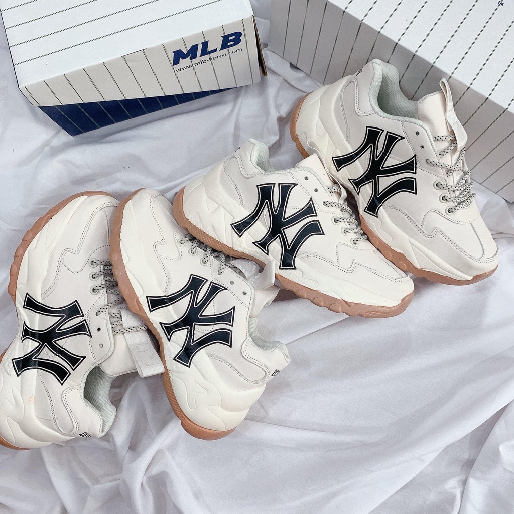 Giày thể thao nam nữ mlb NY nam nữ màu trắng đế nâu hot 2022, Giày sneaker độn đế tăng chiều cao cao cấp full box