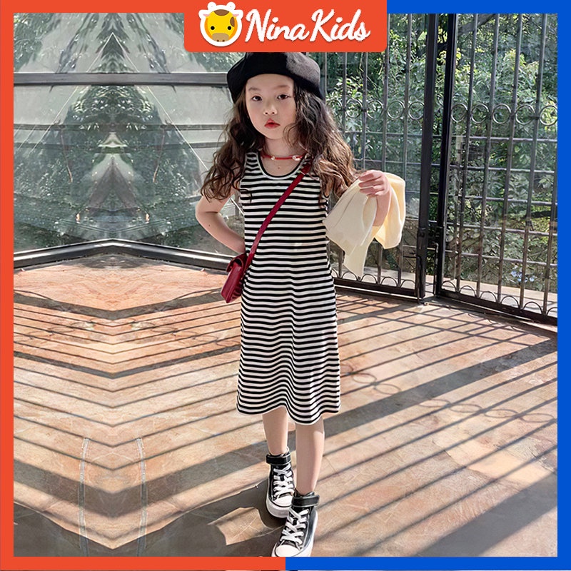 Đầm Thời Trang Mùa Hè Hoạ Tiết Kẻ Sọc Phong Cách Hàn Quốc Dành Cho Bé Gái 3-9 Tuổi