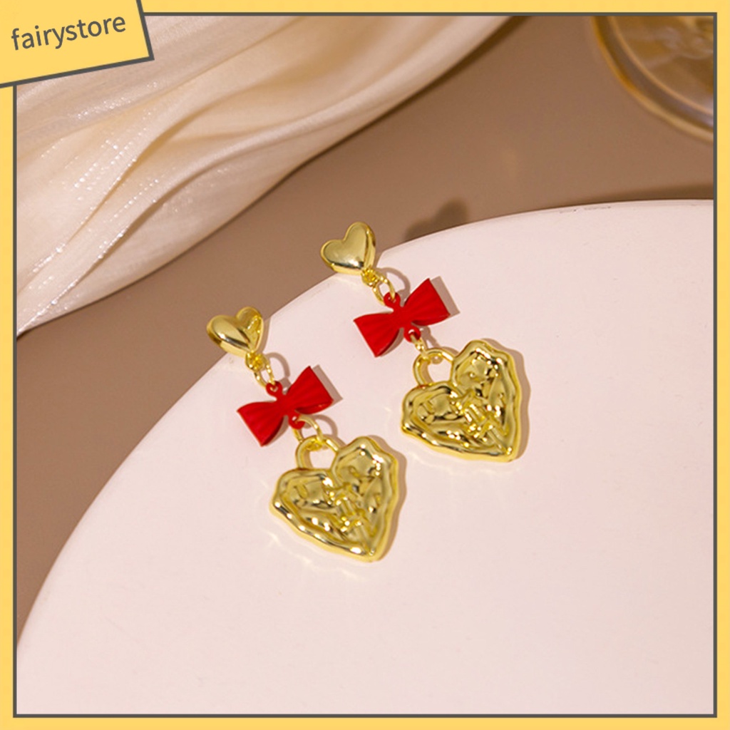 1 Đôi Bông Tai Hình Trái Tim / Nơ Dập Nổi Phong Cách Hàn Quốc Cổ Điển