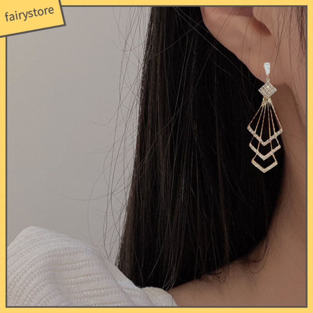 [FRO] Bông Tai Treo Ba Lớp Hình Thoi Đính Kim Cương Giả Lấp Lánh Dành Cho Nữ
