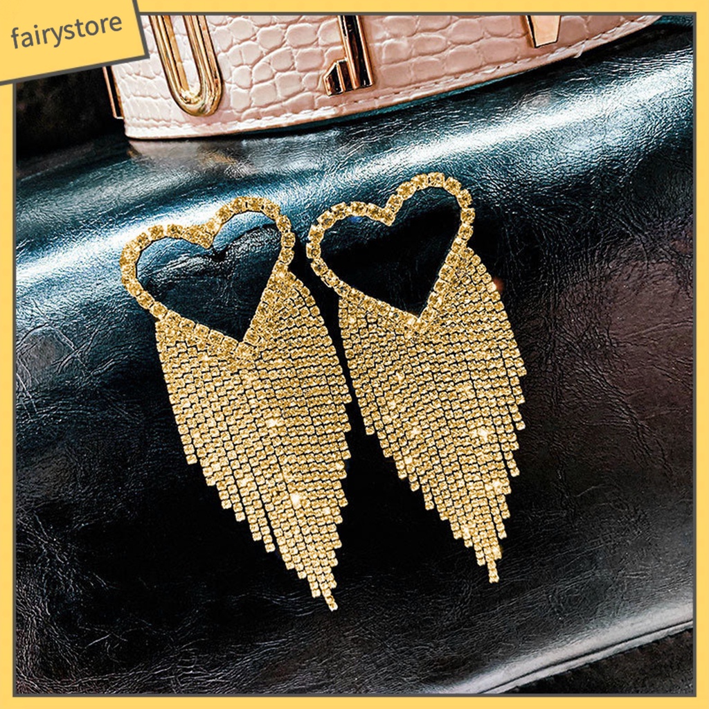 [FRO] 1 Đôi Bông Tai Thả Dài Hình Trái Tim Đính Kim Cương Giả Lấp Lánh Chống Dị Ứng Phong Cách Hàn Quốc