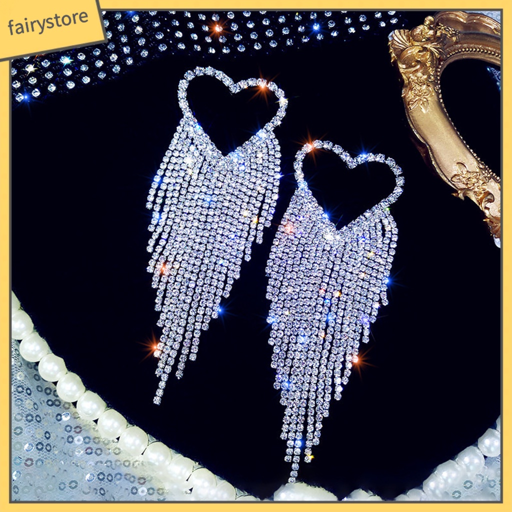 [FRO] 1 Đôi Bông Tai Thả Dài Hình Trái Tim Đính Kim Cương Giả Lấp Lánh Chống Dị Ứng Phong Cách Hàn Quốc