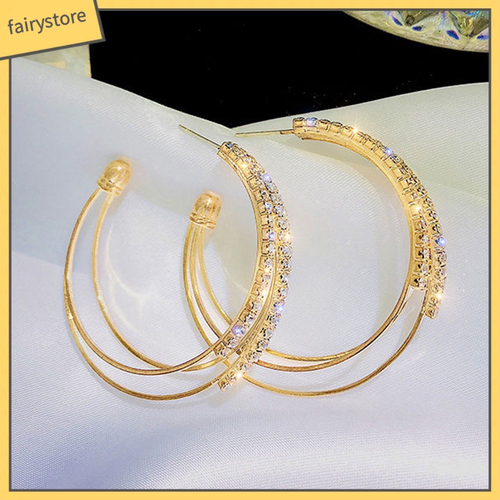 1 Đôi Bông Tai Hình Chữ C Ba Lớp Đính Đá Lấp Lánh Dành Cho Nữ