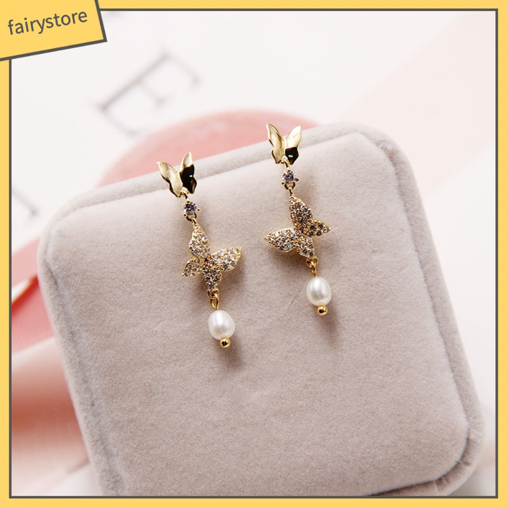 Bông Tai Hình Bướm Đính Đá Ngọc Trai Giả Thời Trang Dành Cho Nữ