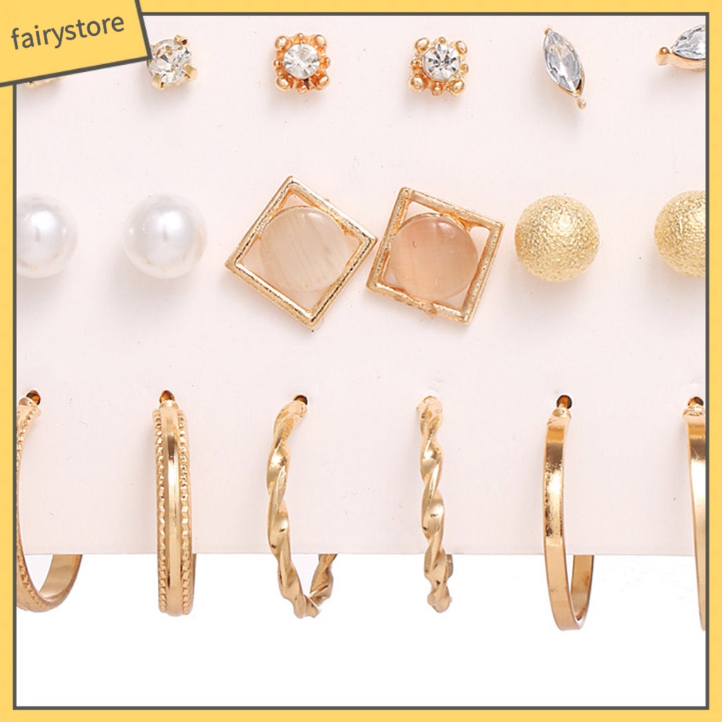 Set 9 Đôi Bông Tai Đính Đá / Ngọc Trai Giả Lấp Lánh Thời Trang Cho Nữ