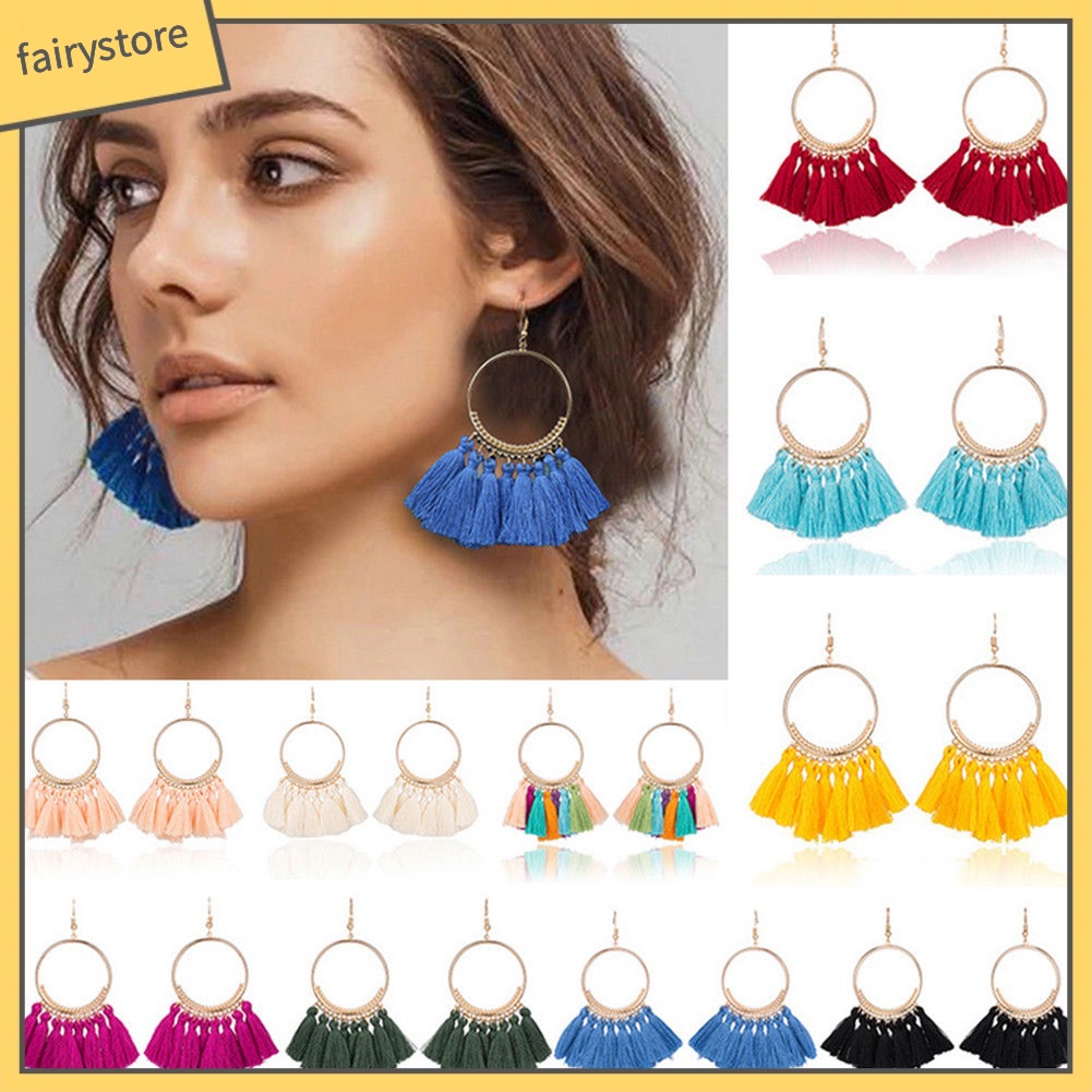 Đôi Khuyên Tai Tròn Phối Tua Rua Phong Cách Vintage Thời Trang Cho Nữ