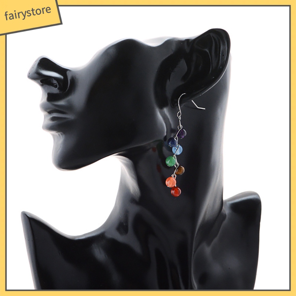 Bông Tai Chuỗi Hạt Đá Chakra 7 Màu Thời Trang Cho Nữ