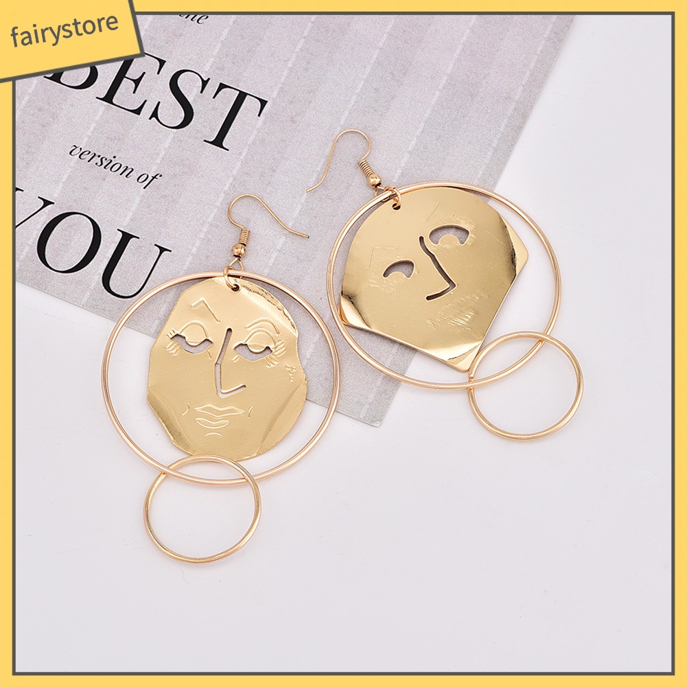 Khuyên Tai Dạng Móc Mặt Người Không Đối Xứng Chạm Khắc Thời Trang Cho Nữ