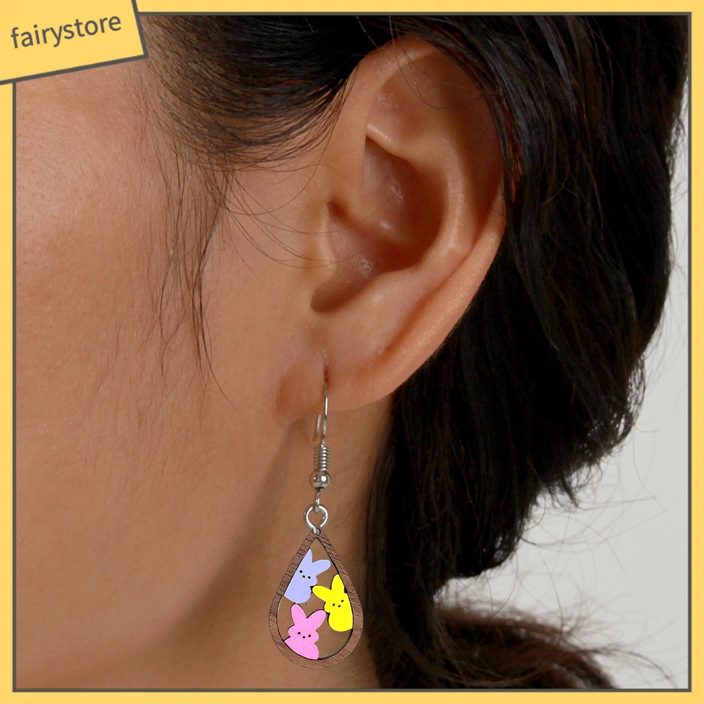 1 Đôi Bông Tai Hình Giọt Nước Họa Tiết Thỏ Bằng Gỗ Thời Trang