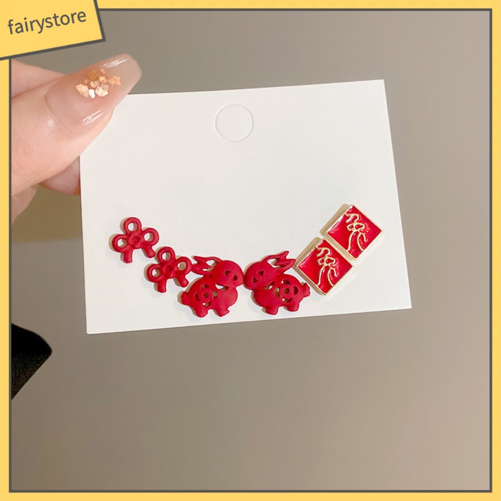 Set 3 Đôi Khuyên Tai Hình Thỏ Hoạt Hình Phong Cách Trung Hoa Ngọt Ngào Cho Nữ