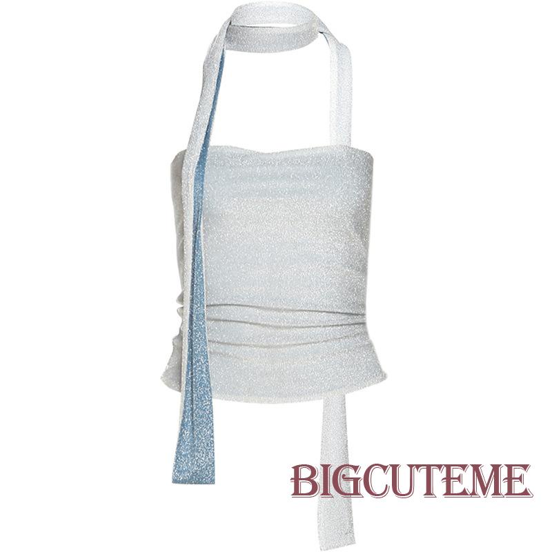 Set Đồ Mùa Hè 2 Món Gồm Áo Crop Top Hở Lưng + Khăn Choàng Cổ Màu Sắc Tương Phản Sáng Bóng Cho Nữ