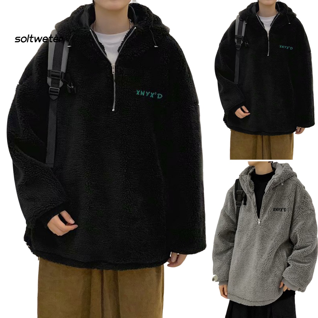 Áo Hoodie Tay Dài Vải Bông Dày Dặn Màu Sắc Đơn Giản Có Khóa Kéo Thời Trang Đường Phố Cho Nam