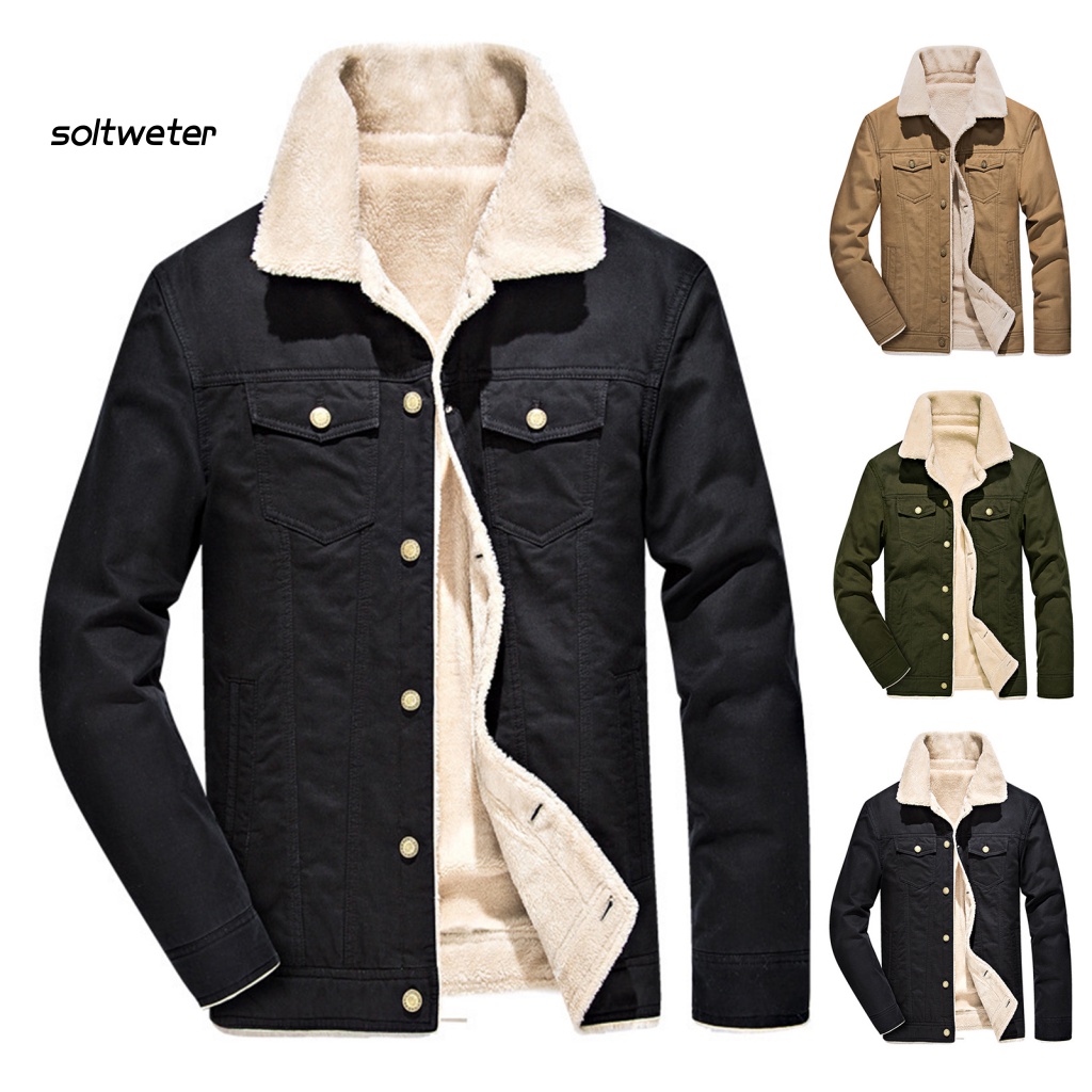 Áo Khoác Nam Tay Dài Cổ Bẻ Lót Lông Dày Dặn Màu Sắc Trơn Chống Gió Thời Trang Đường Phố Mùa Đông