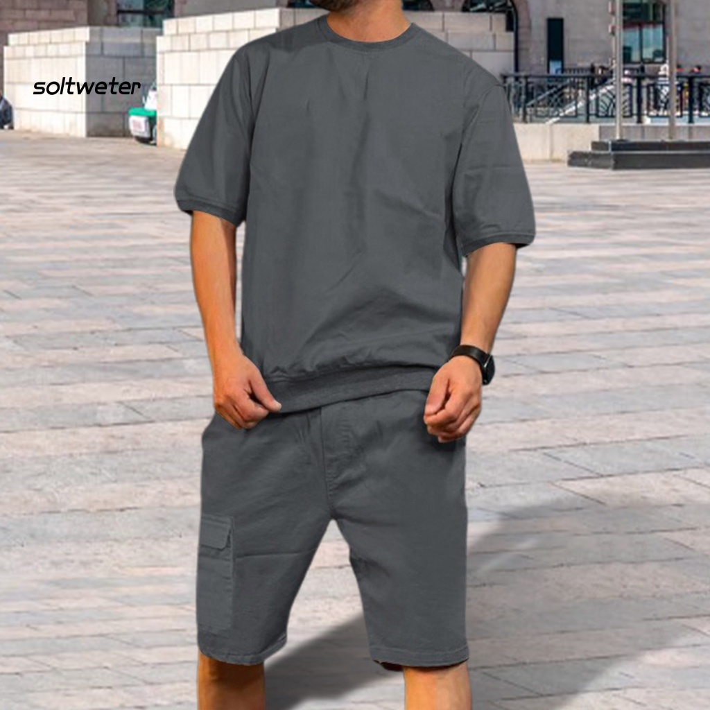 1 Bộ Đồ Thể Thao Áo Tay Ngắn Cổ Tròn Màu Trơn Phối Quần Lưng Thun Có Túi Thời Trang Cho Nam
