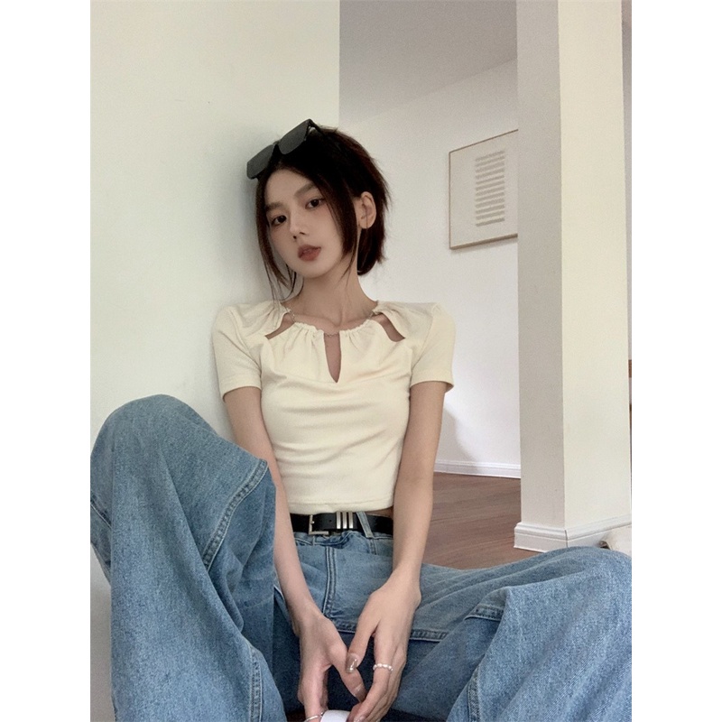 Áo Thun Lửng Tay Ngắn Phối Dây Xích Phong Cách Hàn Quốc Thời Trang Mùa Hè Cho Nữ