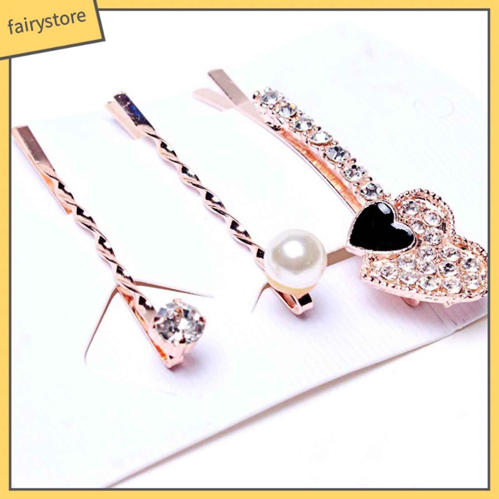 Bộ 3 Kẹp Tóc Đính Đá / Ngọc Trai Giả Hình Trái Tim Dùng Hàng Ngày