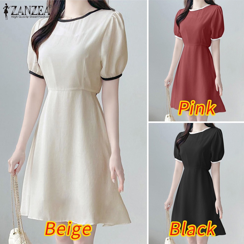 ZANZEA Đầm Ngắn Tay Cổ Tròn Thời Trang Nữ Hàn Quốc