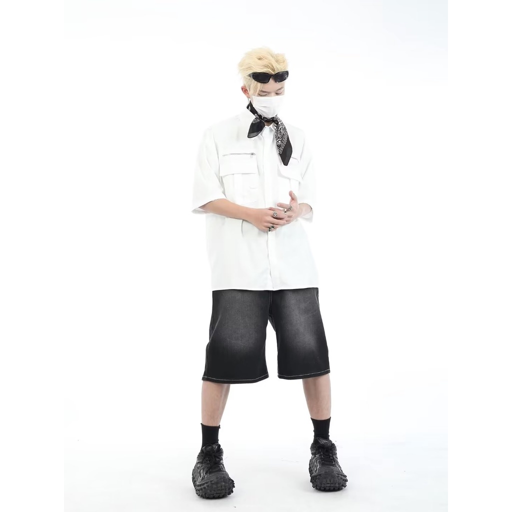 Áo Sơ Mi Ngắn Tay Dáng Rộng Phối Khóa Kéo Cá Tính Theo Phong Cách Đường Phố Mỹ Dành Cho Nam Và Nữ