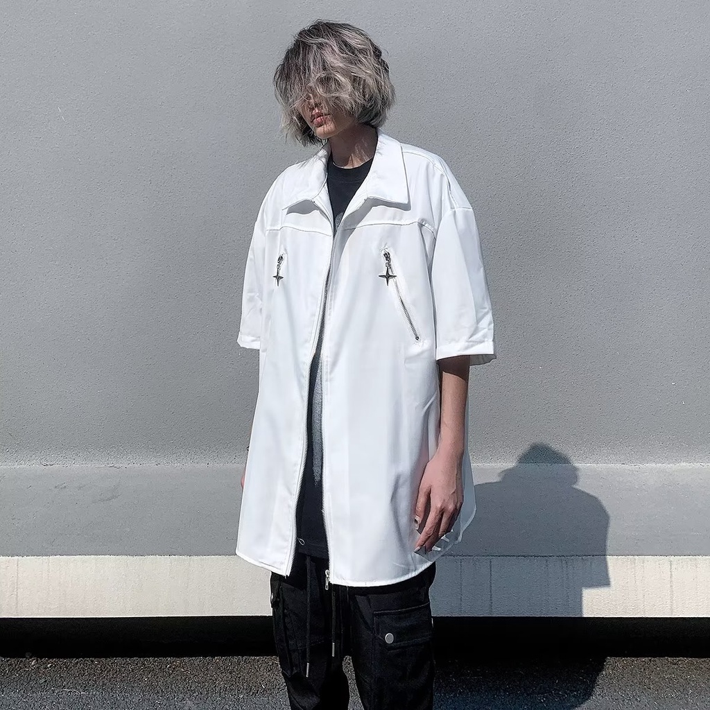 Áo Sơ Mi Tay Ngắn Màu Đen Có Khóa Kéo Dáng Rộng Phong Cách Đường Phố Mỹ Cá Tính Cho Nam