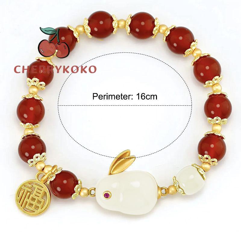 🍒🍒CHERRYKOKO Vòng Tay Xâu Hạt Đỏ May Mắn Hình Thỏ May Mắn Phong Cách Trung Hoa Dành Cho Nữ