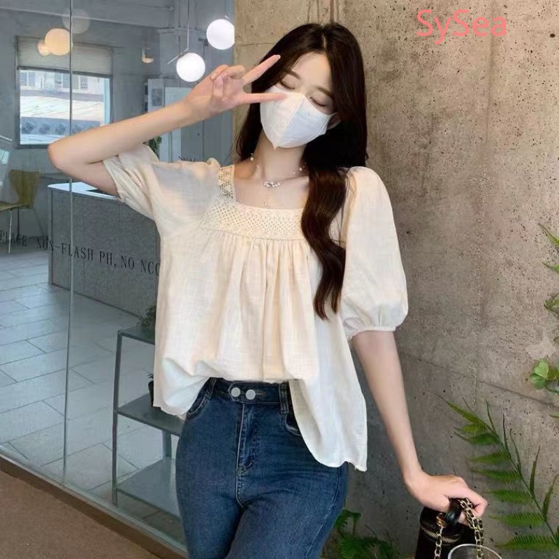 Áo Kiểu Tay Phồng Cổ Vuông Phong Cách Pháp Thanh Lịch Cho Nữ