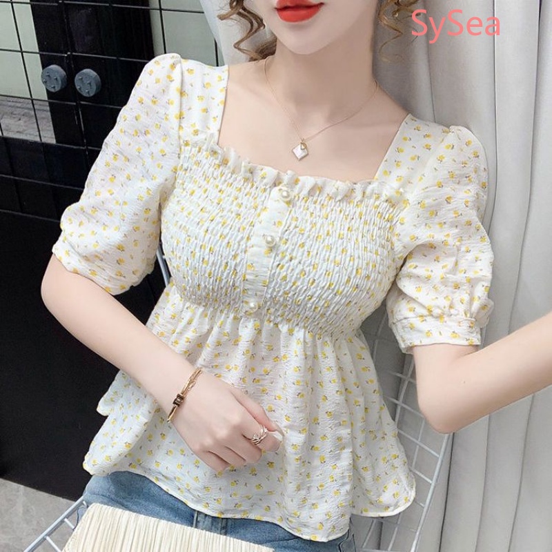 Áo Kiểu Cổ Vuông Họa Tiết Hoa Xinh Xắn Thời Trang Mùa Hè Cho Nữ