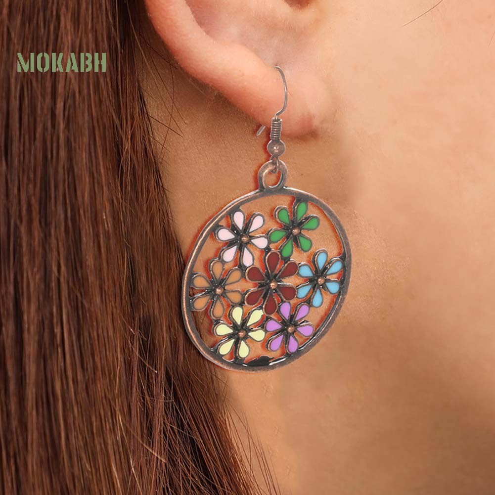 [Mok Abh] Bông Tai Tròn Họa Tiết Hình Hoa Nhiều Màu Sắc Theo Phong Cách Bohemian