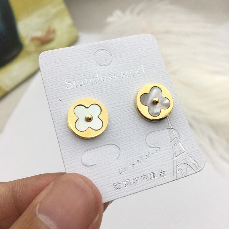 Bông Tai Thép Titan Hình Cỏ Bốn Lá / Tròn Đính Kim Cương Nhân Tạo Phong Cách ins Thời Trang