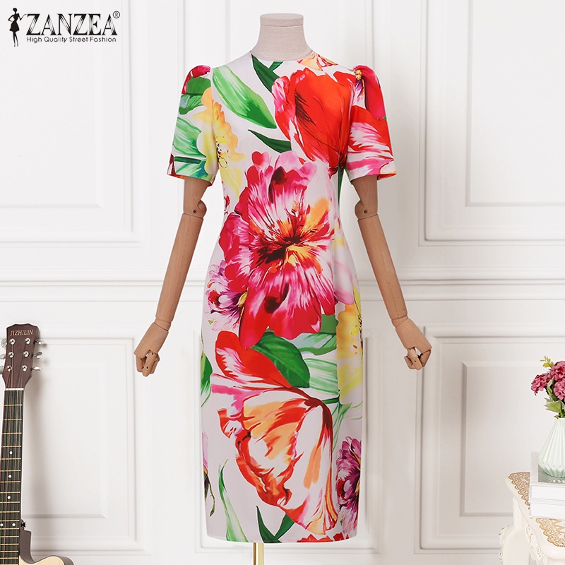 Đầm ZANZEA tay ngắn họa tiết hoa khóa kéo sau lưng thời trang Hàn Quốc cho nữ