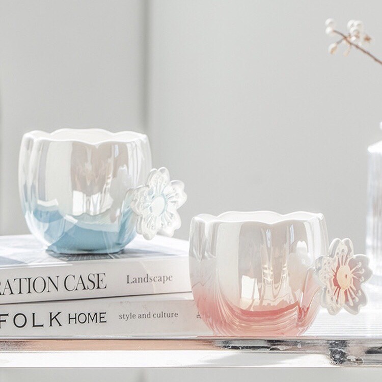 Cốc, ly sứ uống nước, tách trà hoa anh đào, thiết kế tay cầm độc đáo