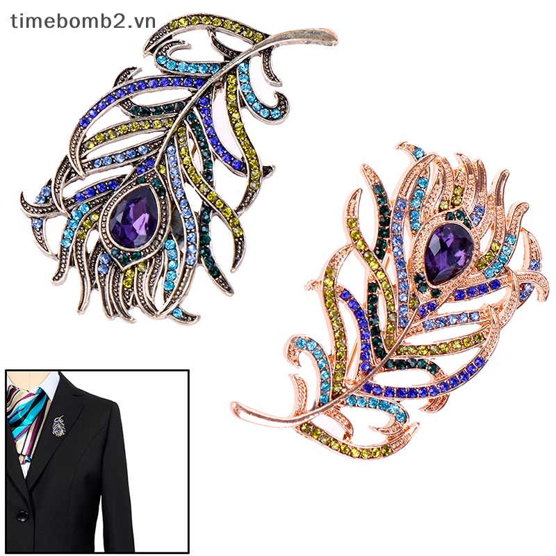{Timebomb} Ghim Cài Áo Tráng Men Hình Lông Công Pha Lê Sâu Phụ Kiện Đám Cưới.